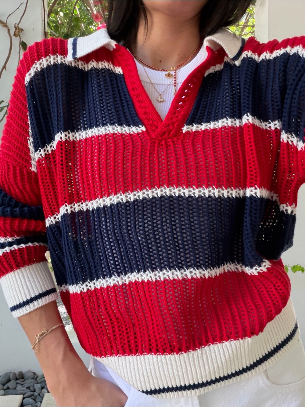 525 Striped V-Neck Knit Sweater - Red / Navy / White